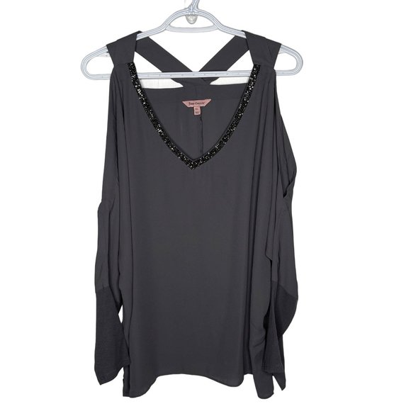 Juicy Couture Beaded Cold Shoulder Top Gray Long Sleeve Club Date Night XL - Picture 1 of 9